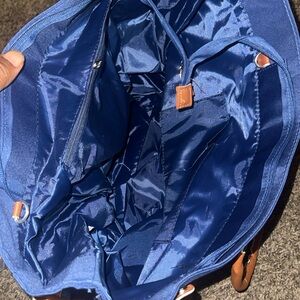Navy Blue/Brown Faux Leather Shopper Tote Bag Travel Size BRAND NEW! Never Used